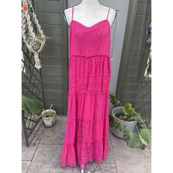 Anthropologie Bhanuni Jyoti Sleeveless Patchwork Lace Midi Dress Pink Large - Picture 3 of 9